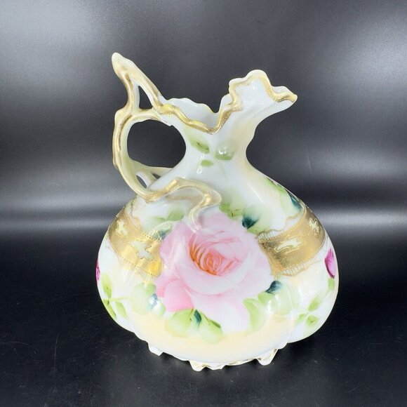 Antique Nippon Hand Painted Green Vase Pitcher Ewer Floral Gold Trim Porcelain - Picture 10 of 16